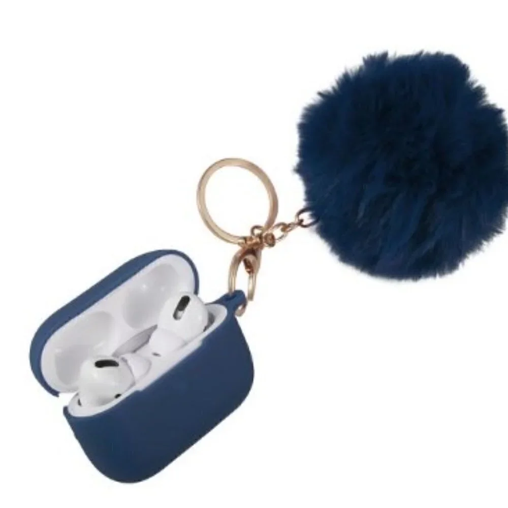 PREMIUM SILICONE CASE FOR EARPODS BUDS WITH POM POM KEYCHAIN & ANTI-LOST STRAP,